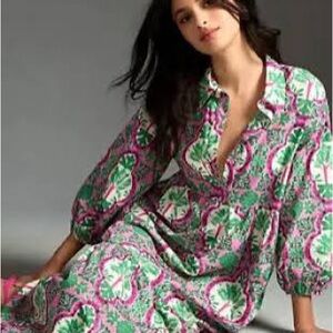 Anthropologie Pink and Green Patterned dress Bettina